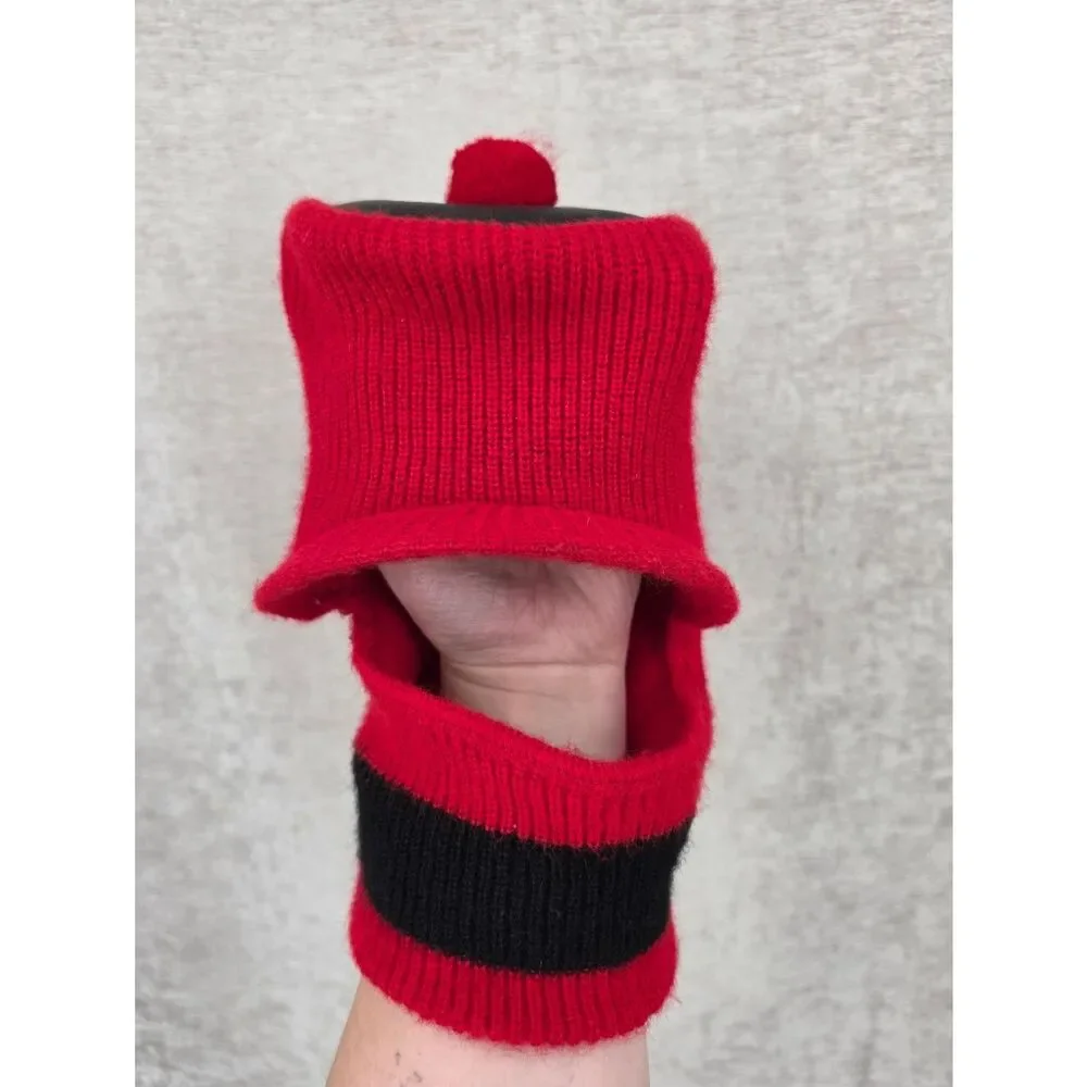 Vintage Red Knit Pom Pom Hat with Black Stripe 60s 70s Infant or Toddler